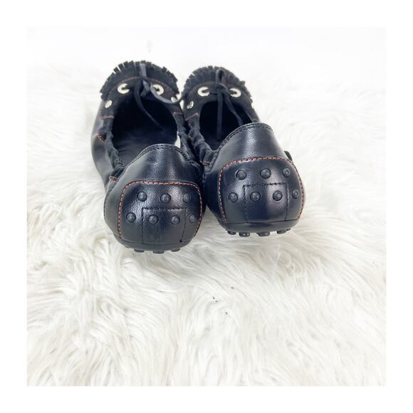 Tod's Size 9 Black Women's Leather Fringe Round Toe Ballet Driving Flat Shoes - Picture 4 of 13